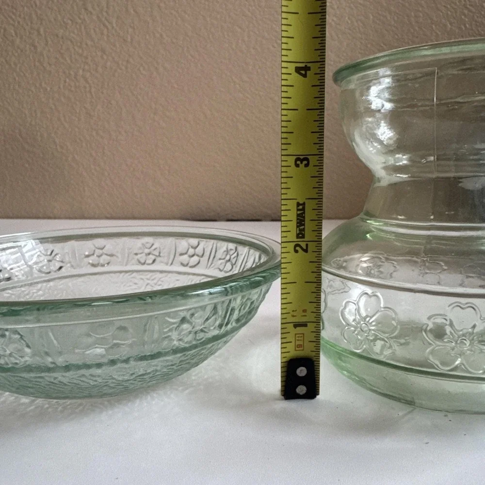 Glass Bulb Forcing Vase W/ Embossed Flower Motif  W/matching Bowl Uranium Glass